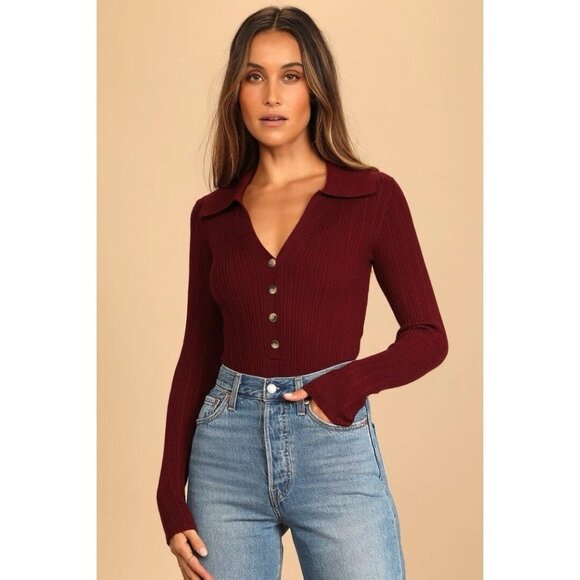 Lulus Red Burgundy Button Up Collared Long Sleeve Bodysuit Womens Large - Picture 1 of 7